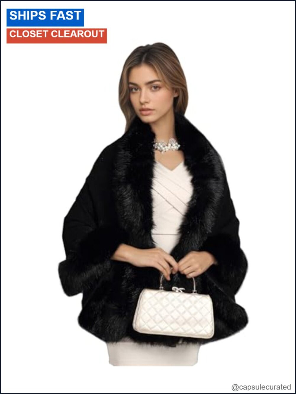 Faux Fur Shawl Wrap Cashmere-Wool Blend Evening Wedding Coat Women